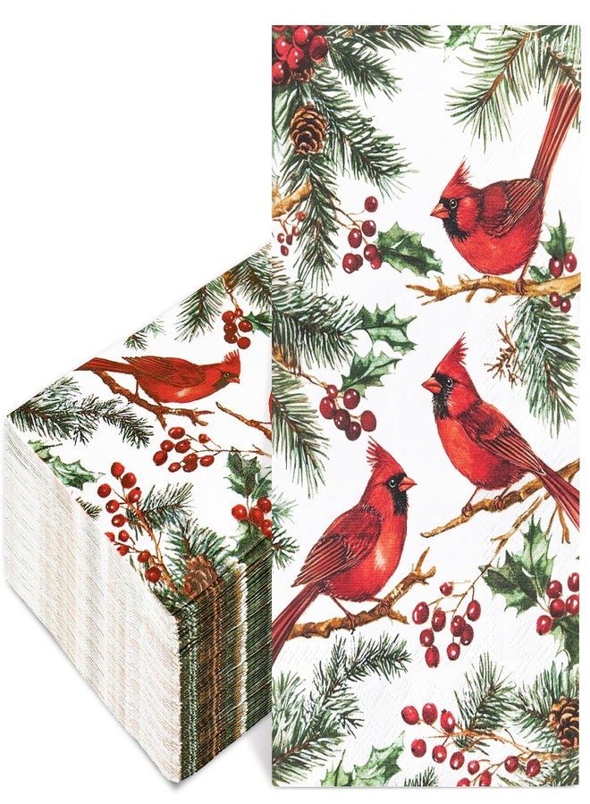 JarThenaAMCS ٥٠ منديل ورقي مزين برسومات طائر الكاردينال الأحمر، ومخاريط الصنوبر، وأوراق التوت، وأوراق الشجر الخضراء، مناسب لحفلات عيد الميلاد الشتوية. - Image 1